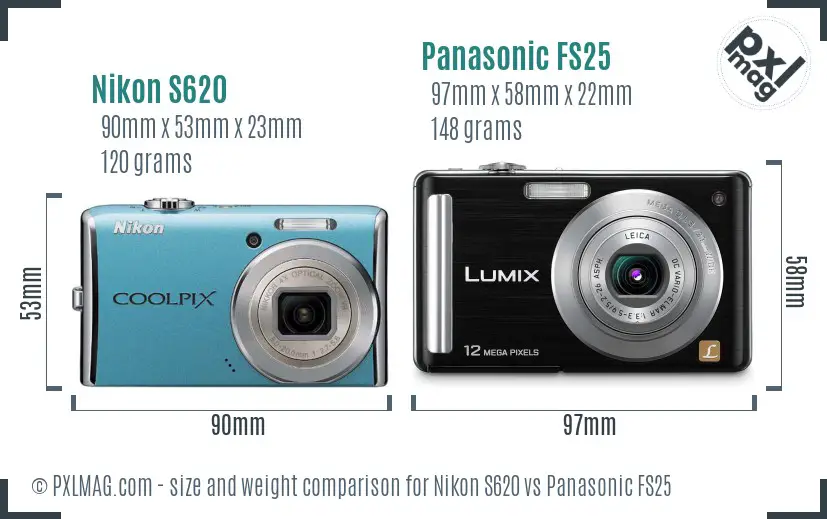 Nikon S620 vs Panasonic FS25 size comparison