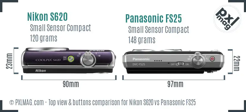 Nikon S620 vs Panasonic FS25 top view buttons comparison