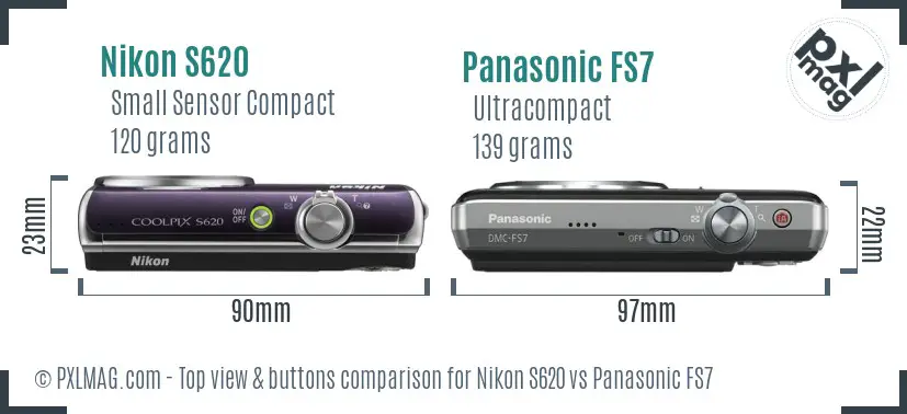 Nikon S620 vs Panasonic FS7 top view buttons comparison