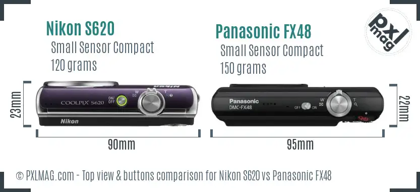 Nikon S620 vs Panasonic FX48 top view buttons comparison