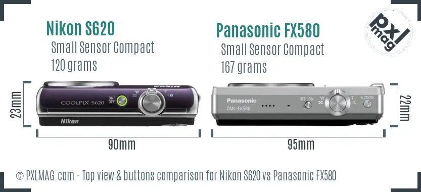 Nikon S620 vs Panasonic FX580 top view buttons comparison