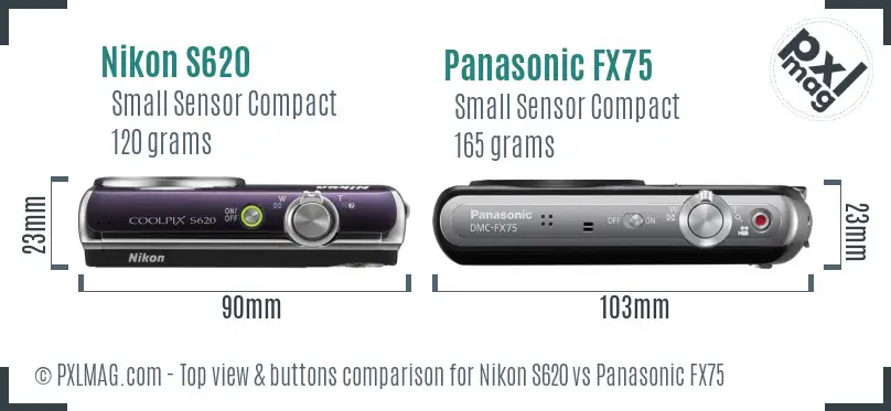 Nikon S620 vs Panasonic FX75 top view buttons comparison Nikon S620 vs Panasonic FX75 top view buttons comparison