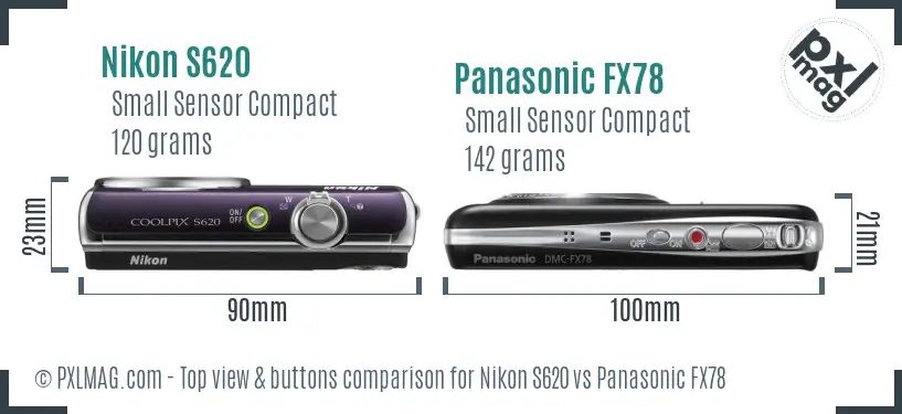 Nikon S620 vs Panasonic FX78 top view buttons comparison