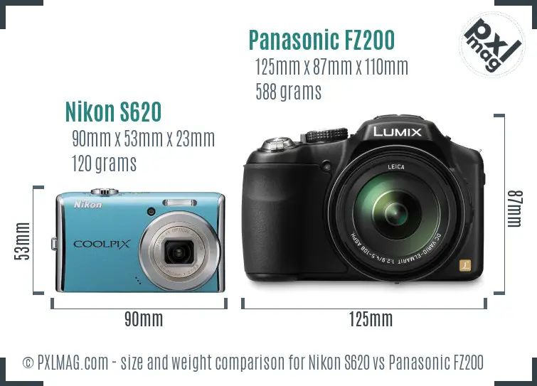 Nikon S620 vs Panasonic FZ200 size comparison