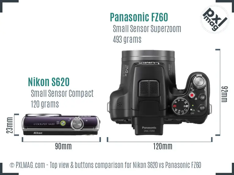 Nikon S620 vs Panasonic FZ60 top view buttons comparison