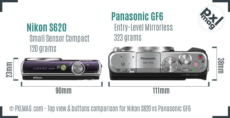 Nikon S620 vs Panasonic GF6 top view buttons comparison