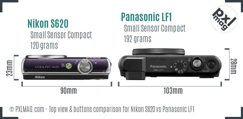Nikon S620 vs Panasonic LF1 top view buttons comparison