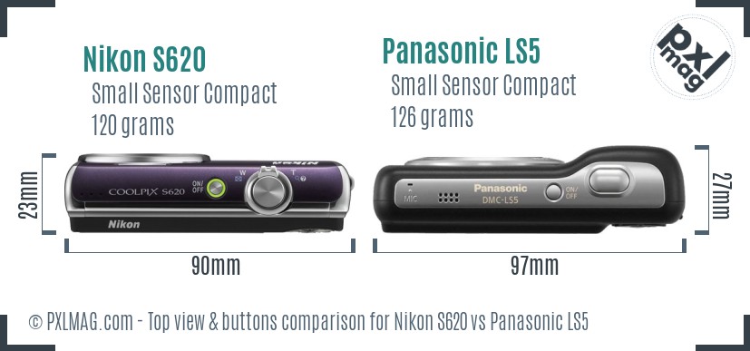 Nikon S620 vs Panasonic LS5 top view buttons comparison