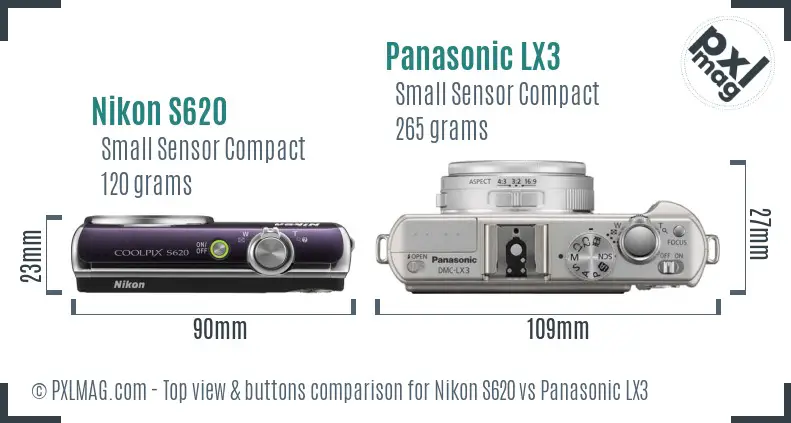 Nikon S620 vs Panasonic LX3 top view buttons comparison Nikon S620 vs Panasonic LX3 top view buttons comparison