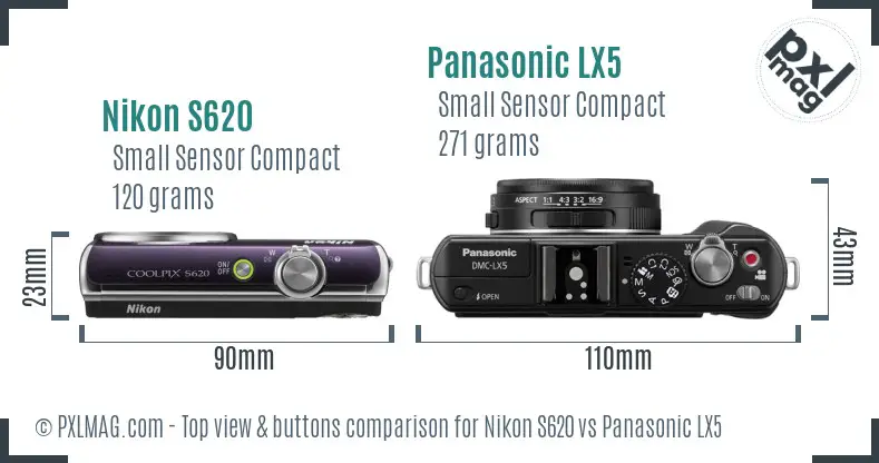 Nikon S620 vs Panasonic LX5 top view buttons comparison