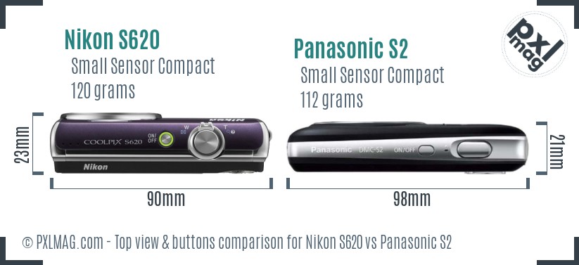 Nikon S620 vs Panasonic S2 top view buttons comparison