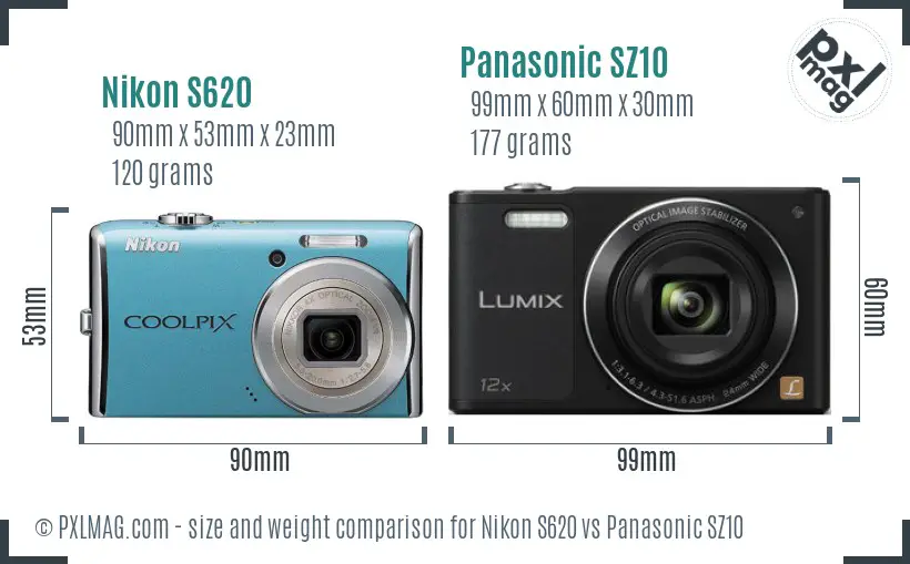 Nikon S620 vs Panasonic SZ10 size comparison