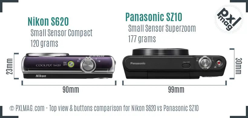 Nikon S620 vs Panasonic SZ10 top view buttons comparison