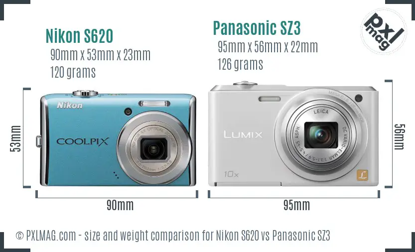 Nikon S620 vs Panasonic SZ3 size comparison