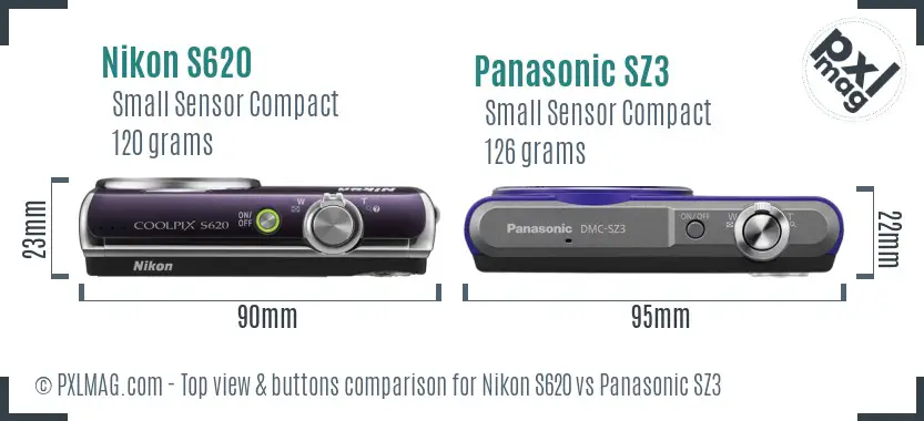 Nikon S620 vs Panasonic SZ3 top view buttons comparison