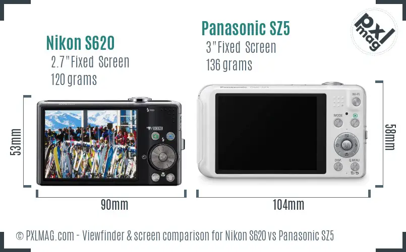 Nikon S620 vs Panasonic SZ5 Screen and Viewfinder comparison