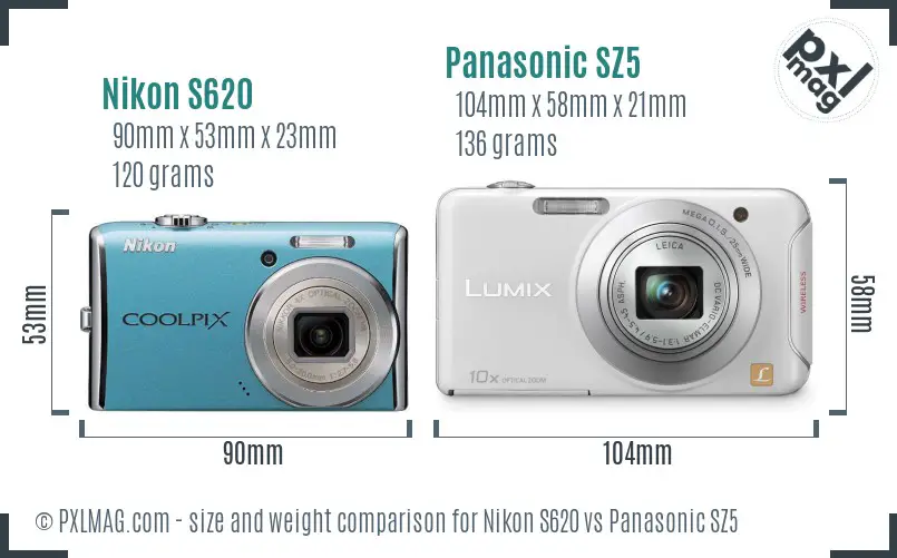 Nikon S620 vs Panasonic SZ5 size comparison