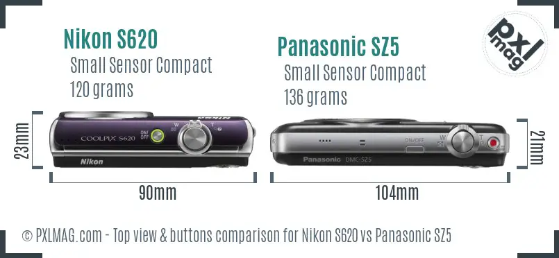 Nikon S620 vs Panasonic SZ5 top view buttons comparison