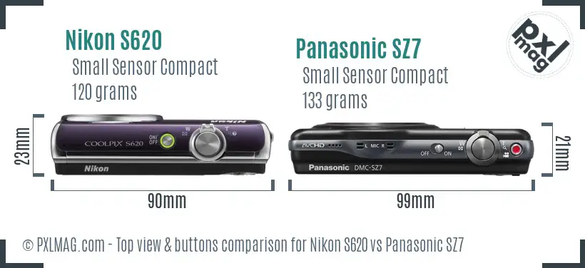 Nikon S620 vs Panasonic SZ7 top view buttons comparison