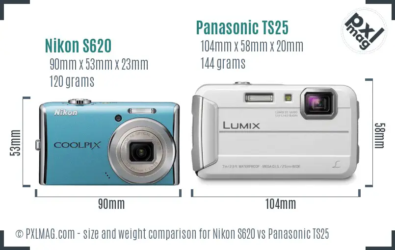 Nikon S620 vs Panasonic TS25 size comparison