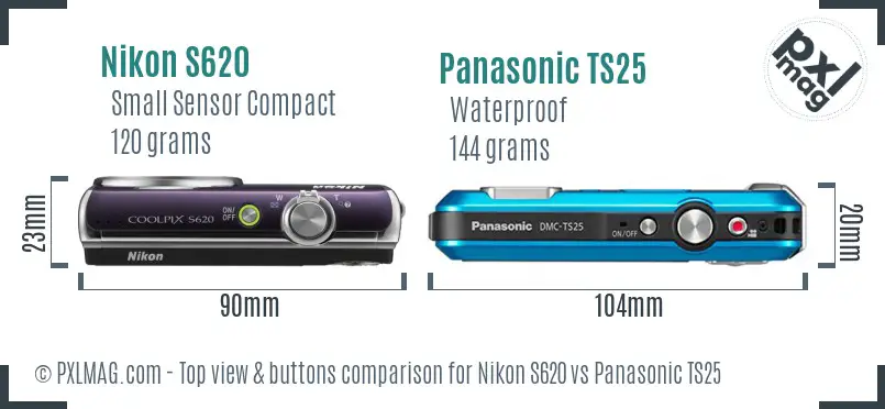 Nikon S620 vs Panasonic TS25 top view buttons comparison