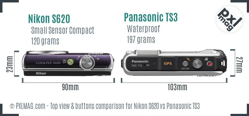 Nikon S620 vs Panasonic TS3 top view buttons comparison Nikon S620 vs Panasonic TS3 top view buttons comparison