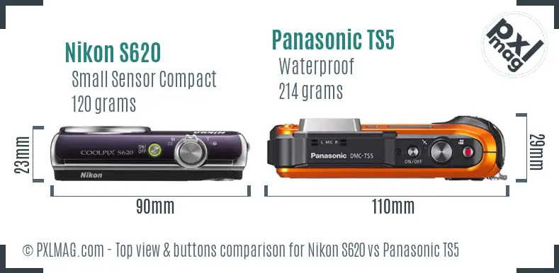 Nikon S620 vs Panasonic TS5 top view buttons comparison