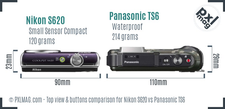 Nikon S620 vs Panasonic TS6 top view buttons comparison