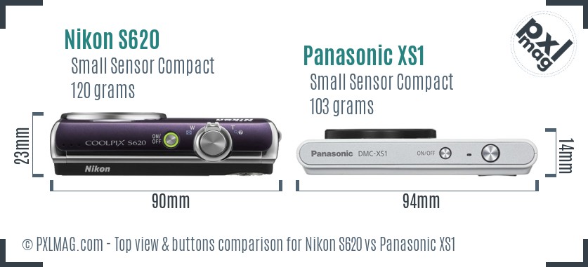 Nikon S620 vs Panasonic XS1 top view buttons comparison