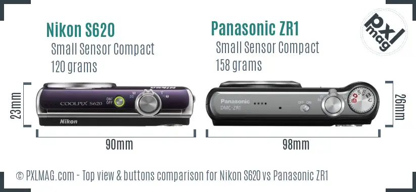 Nikon S620 vs Panasonic ZR1 top view buttons comparison