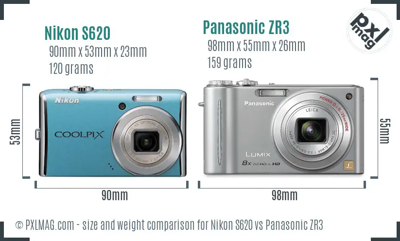 Nikon S620 vs Panasonic ZR3 size comparison