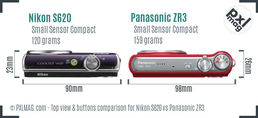 Nikon S620 vs Panasonic ZR3 top view buttons comparison