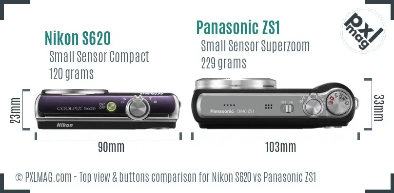 Nikon S620 vs Panasonic ZS1 top view buttons comparison