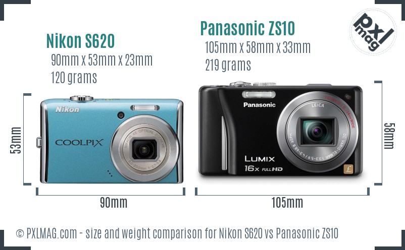 Nikon S620 vs Panasonic ZS10 size comparison
