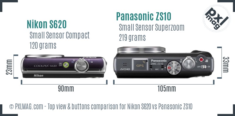 Nikon S620 vs Panasonic ZS10 top view buttons comparison
