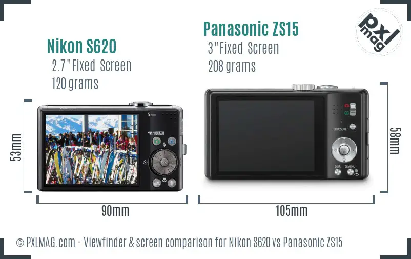 Nikon S620 vs Panasonic ZS15 Screen and Viewfinder comparison