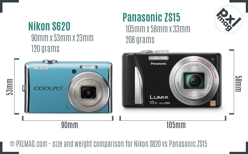 Nikon S620 vs Panasonic ZS15 size comparison