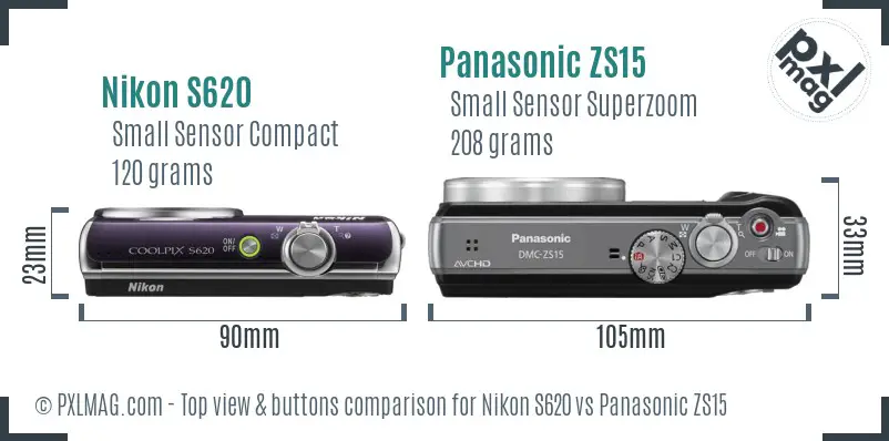 Nikon S620 vs Panasonic ZS15 top view buttons comparison