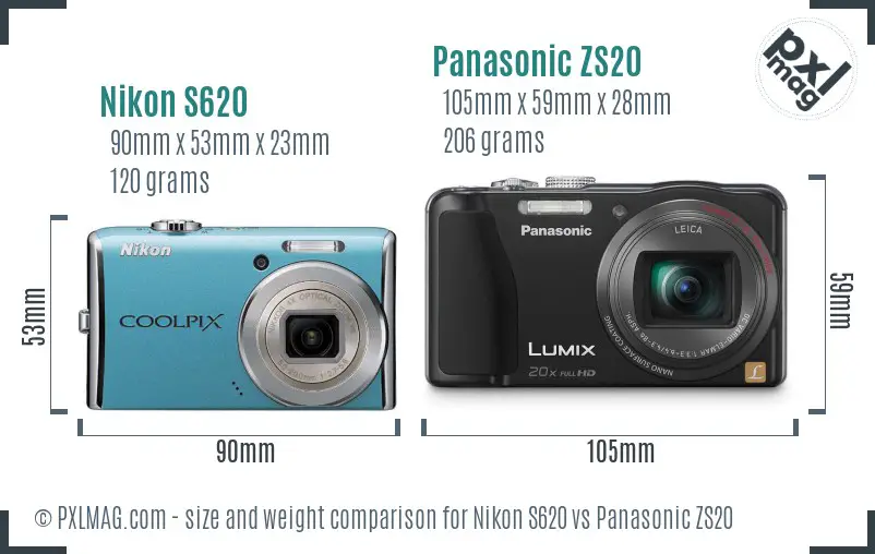 Nikon S620 vs Panasonic ZS20 size comparison