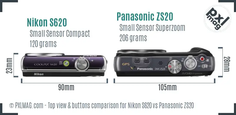 Nikon S620 vs Panasonic ZS20 top view buttons comparison
