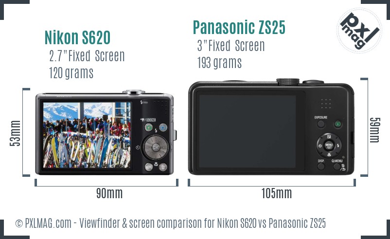 Nikon S620 vs Panasonic ZS25 Screen and Viewfinder comparison
