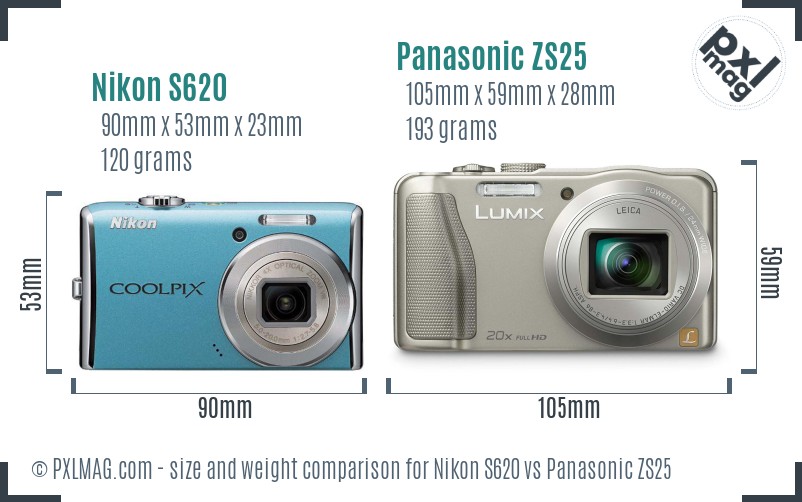 Nikon S620 vs Panasonic ZS25 size comparison