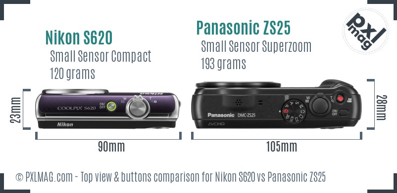 Nikon S620 vs Panasonic ZS25 top view buttons comparison