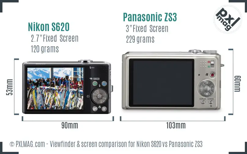 Nikon S620 vs Panasonic ZS3 Screen and Viewfinder comparison