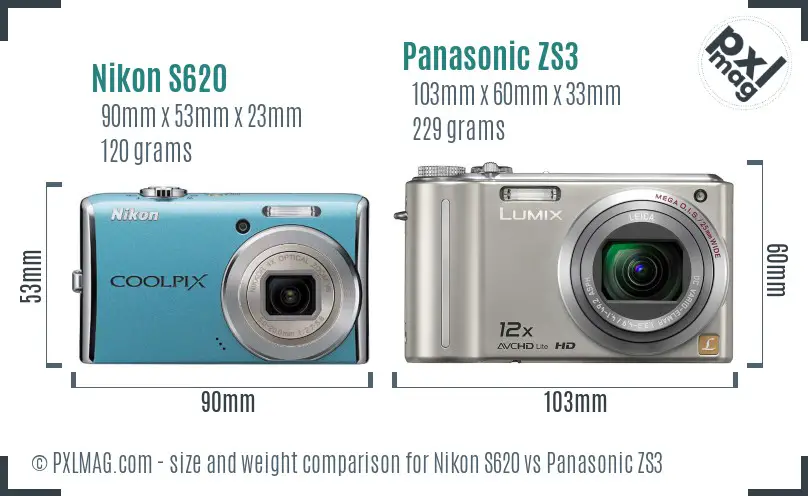 Nikon S620 vs Panasonic ZS3 size comparison