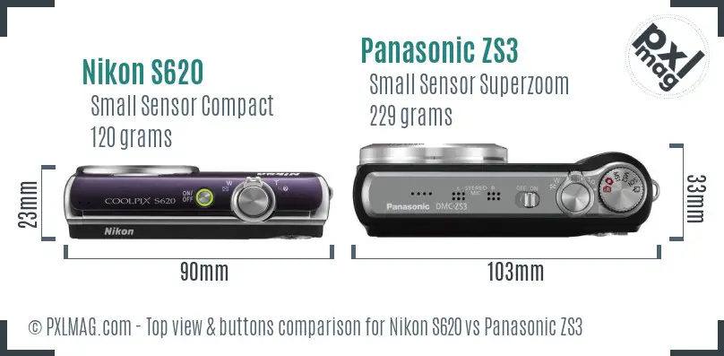 Nikon S620 vs Panasonic ZS3 top view buttons comparison