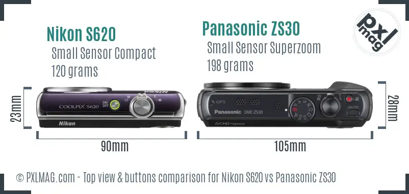 Nikon S620 vs Panasonic ZS30 top view buttons comparison Nikon S620 vs Panasonic ZS30 top view buttons comparison