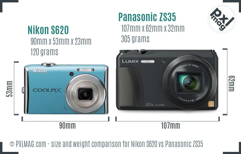 Nikon S620 vs Panasonic ZS35 size comparison