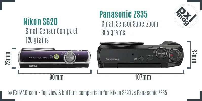 Nikon S620 vs Panasonic ZS35 top view buttons comparison