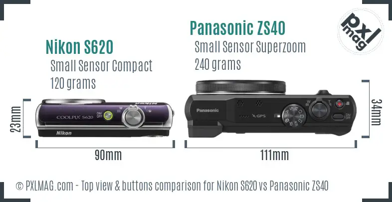 Nikon S620 vs Panasonic ZS40 top view buttons comparison Nikon S620 vs Panasonic ZS40 top view buttons comparison
